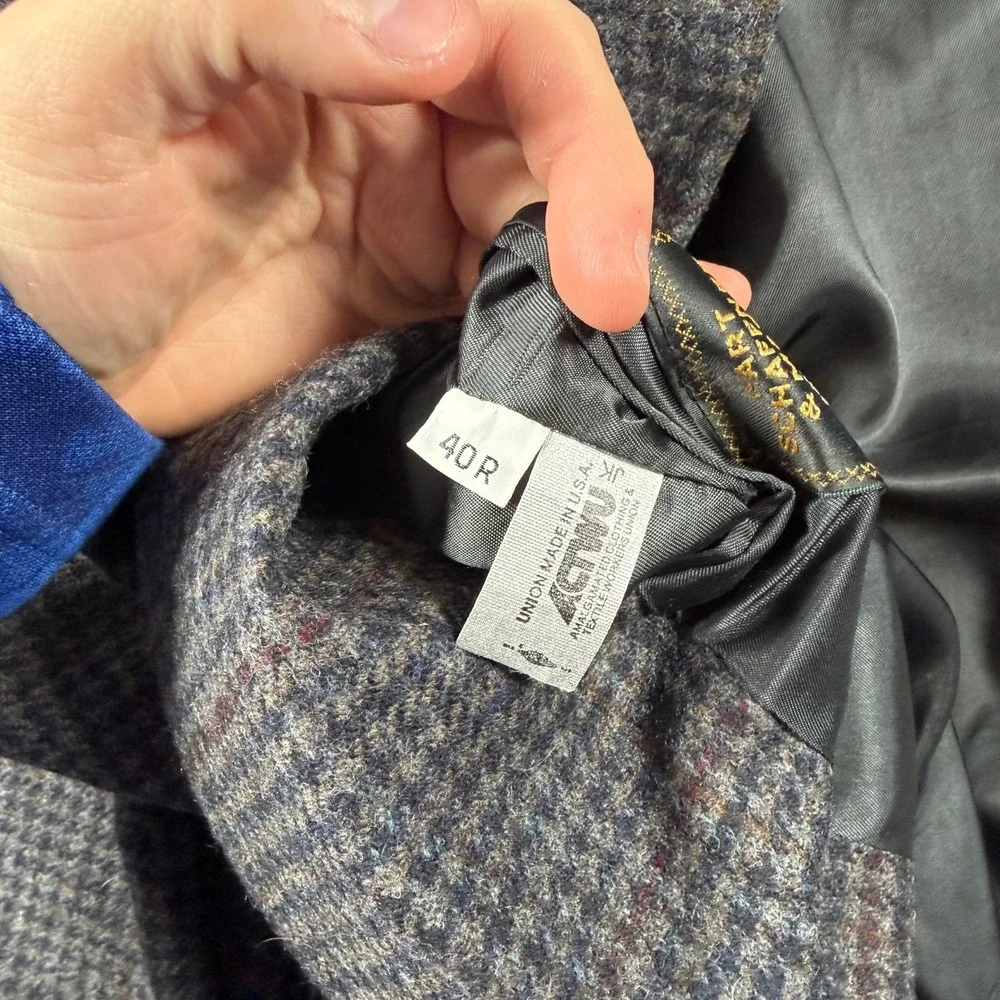 Hart Schaffner Marx Sport Coat Mens 40R Gray Blue Wool Houndstooth Blazer VTG